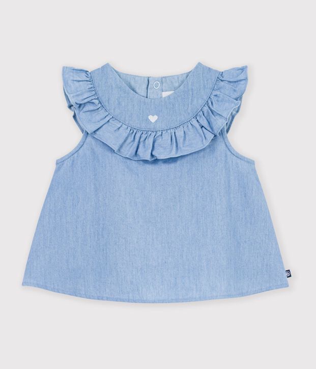 Blouse b&eacute;b&eacute; en coton sans manches en chambray brod&eacute; bleu