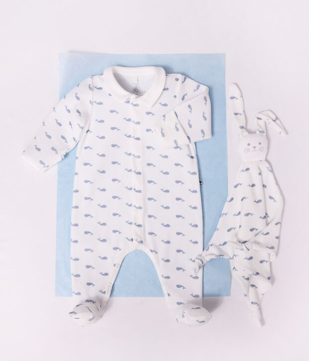 Doudou b&eacute;b&eacute; en coton imprim&eacute; baleine bleu/bleu