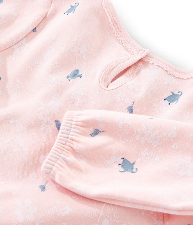 Chemise de nuit manches longues imprim&eacute;e pingouin petite fille en jersey double face rose/multicouleur