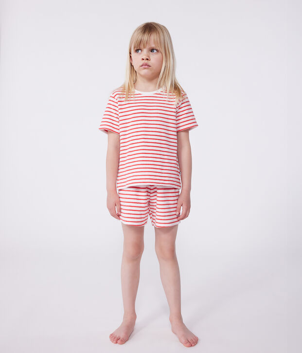 Pyjama short enfant en coton &eacute;ponge &agrave; rayures rouge/rouge