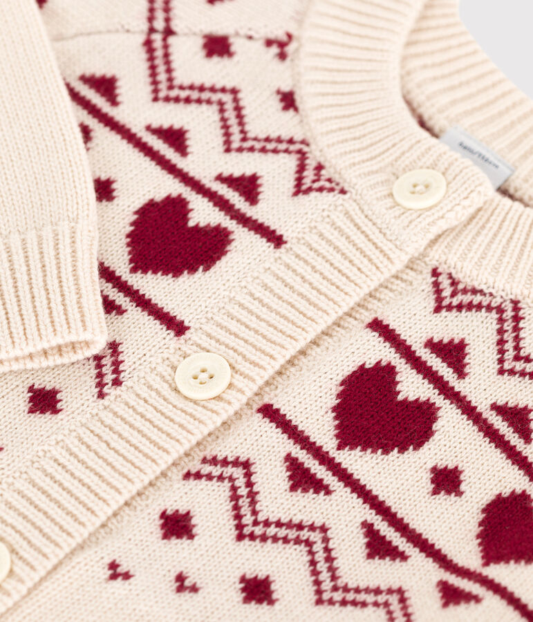 Cardigan enfant en laine et coton &agrave; motif jacquard &eacute;cru/rouge