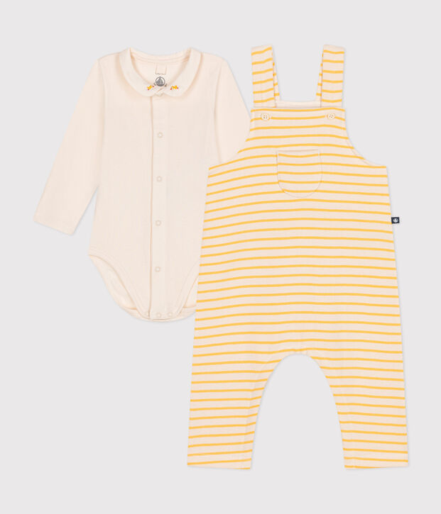 Coffret ensemble salopette et body en coton b&eacute;b&eacute; &eacute;cru/jaune