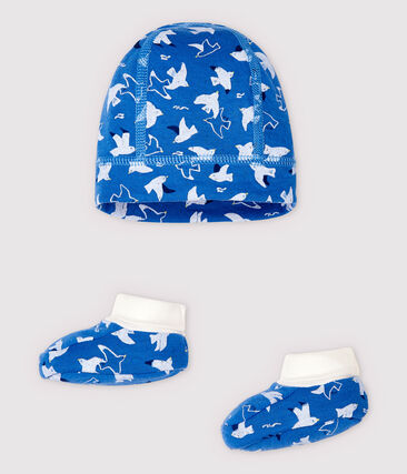 Lot bonnet naissance et chaussons bleus bébé en tubique en coton biologique