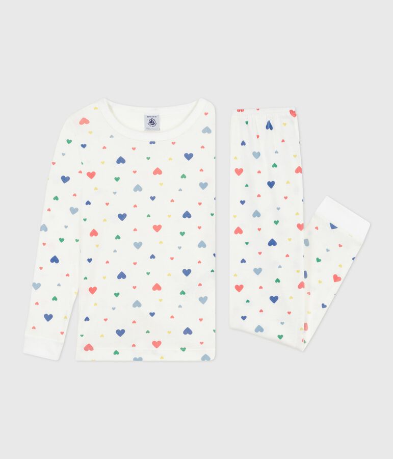 Pyjama enfant en coton tr&egrave;s ajust&eacute; imprim&eacute; c&oelig;urs blanc MARSHMALLOW/blanc MULTICO