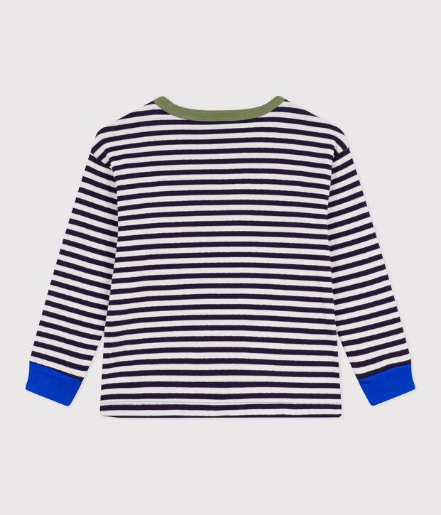 Tee-shirt enfant manches longues en coton &agrave; rayures bleu/&eacute;cru