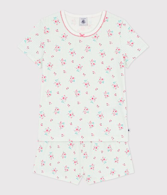 Pyjama short enfant en coton imprimé fleuri blanc MARSHMALLOW/blanc MULTICO