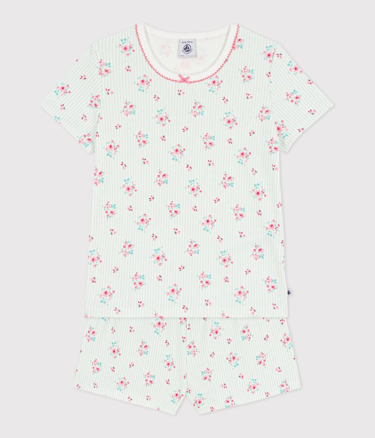 Pyjama short enfant en coton imprim&eacute; fleuri blanc MARSHMALLOW/blanc MULTICO