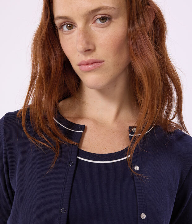Cardigan femme en coton uni bleu marine