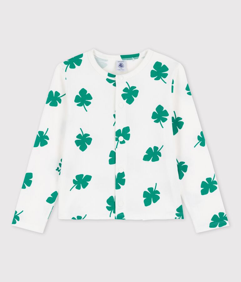 Cardigan imprim&eacute; en molleton enfant fille blanc MARSHMALLOW/vert GAZON
