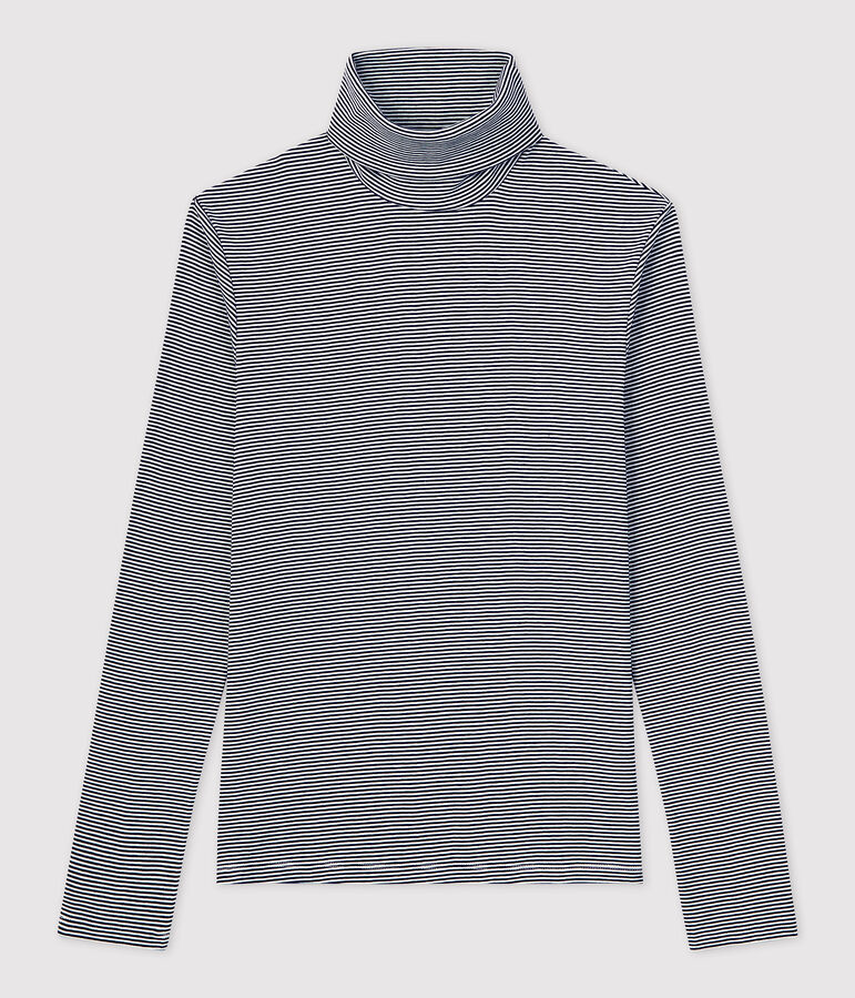 Tee-shirt col roul&eacute; L'ICONIQUE en coton BIO Femme bleu SMOKING/blanc MARSHMALLOW