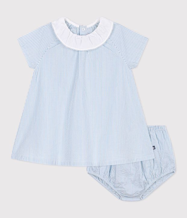 Robe b&eacute;b&eacute; en coton manches courtes et son bloomer, ray&eacute;s bleu/bleu