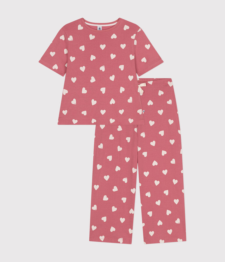 Pyjama en coton imprim&eacute; c&oelig;ur femme rose ROSEWOOD/ MARSHMALLOW