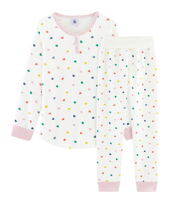 Pyjama petite fille taille montante en jersey double face blanc MARSHMALLOW/blanc MULTICO