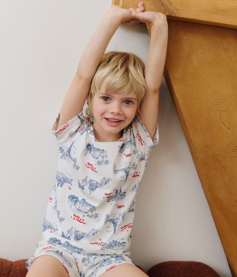 Pyjama short enfant en coton imprim&eacute; Paris blanc MARSHMALLOW/blanc MULTICO