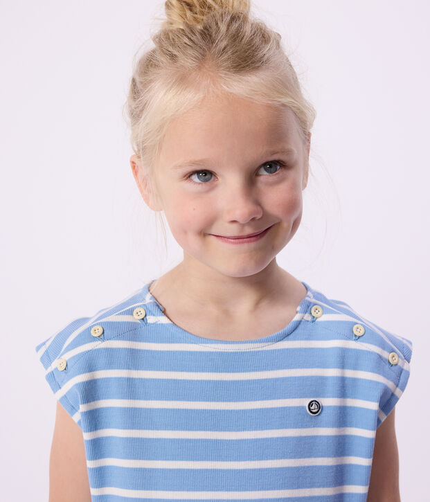 Robe sans manches enfant en coton &agrave; rayures bleu/blanc