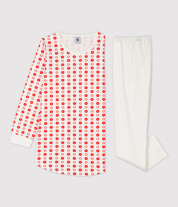 Chemise de nuit imprim&eacute; fleurs graphiques petite fille en molleton blanc/rouge