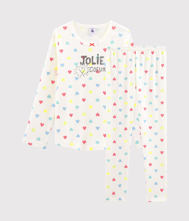 Pyjama petite fille en c&ocirc;te blanc/multicouleur