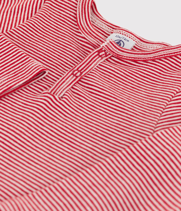 Body manches longues b&eacute;b&eacute; ray&eacute; col tunisien en coton rouge/blanc