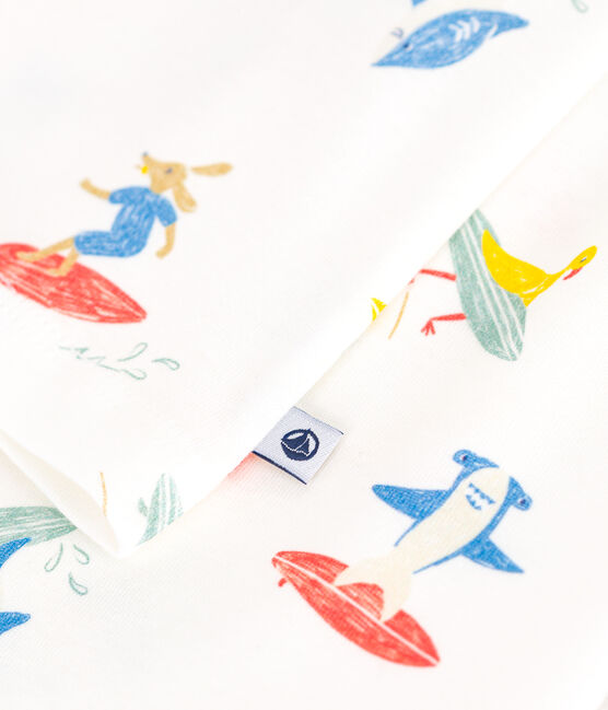 Pyjama enfant en coton manches longues imprimé surfeurs blanc MARSHMALLOW/blanc MULTICO