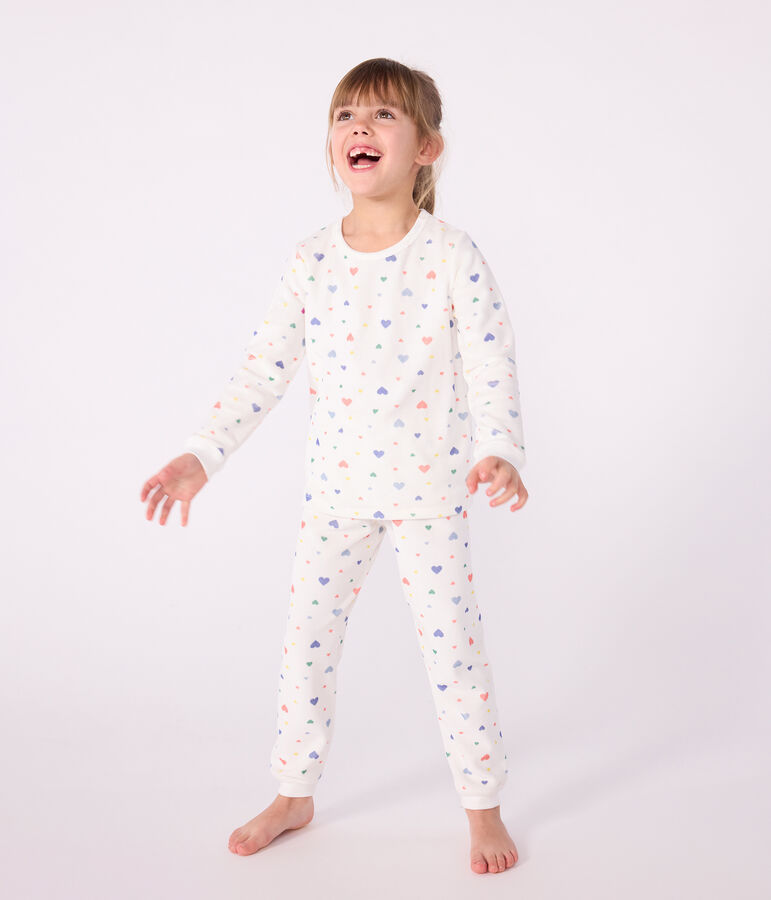 Pyjama enfant en velours imprim&eacute; c&oelig;urs blanc MARSHMALLOW/blanc MULTICO