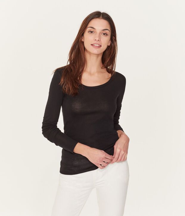 Tee shirt manches longues col danseuse femme noir