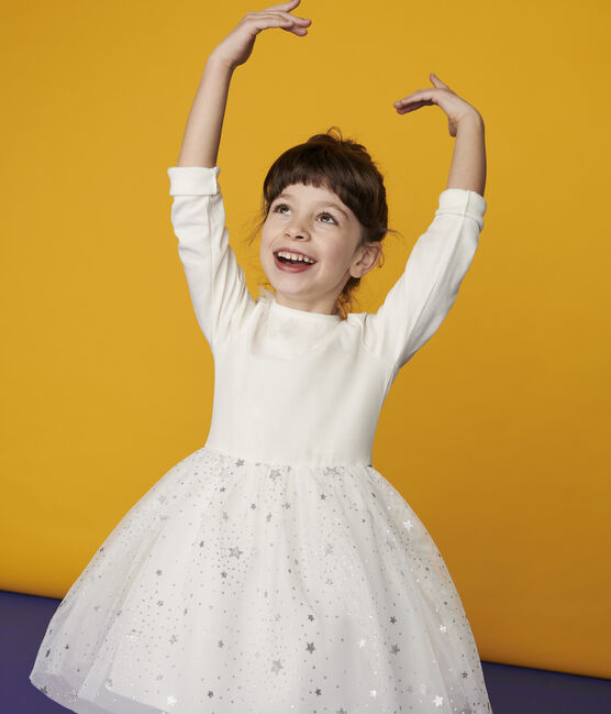 Robe Manches Longues Coton Et Tulle Enfant Fille Marshmallow Argent Petit Bateau