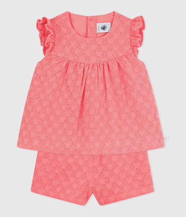 Ensemble b&eacute;b&eacute; 2 pi&egrave;ces en broderie anglaise, motif c&oelig;urs corail