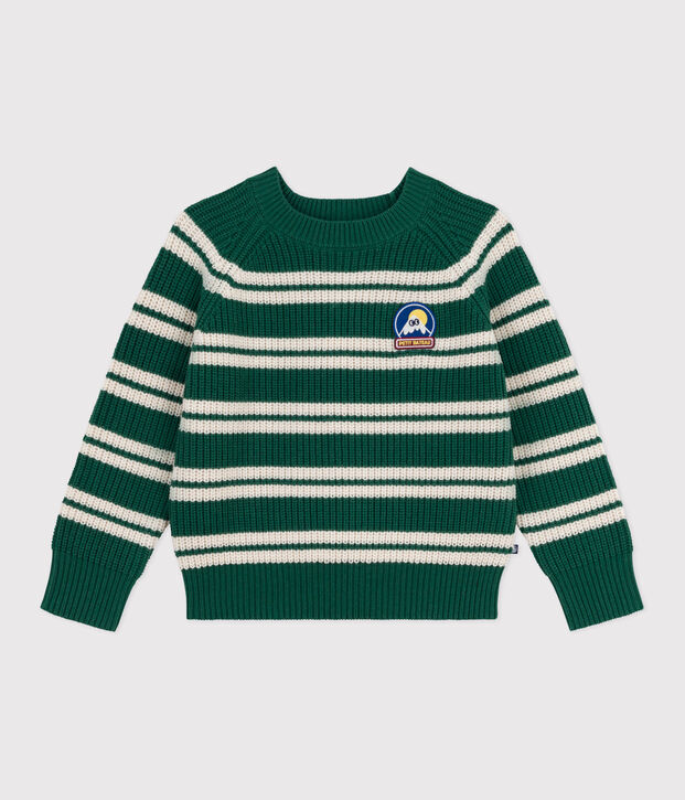 Pull enfant en laine et coton &agrave; rayures vert/&eacute;cru