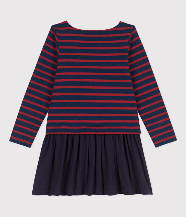 Robe ray&eacute;e en coton &eacute;pais et gaze de coton enfant fille bleu/rouge
