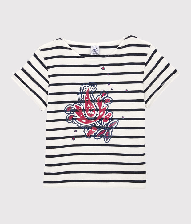 T-shirt manches courtes en coton bio enfant fille blanc/bleu