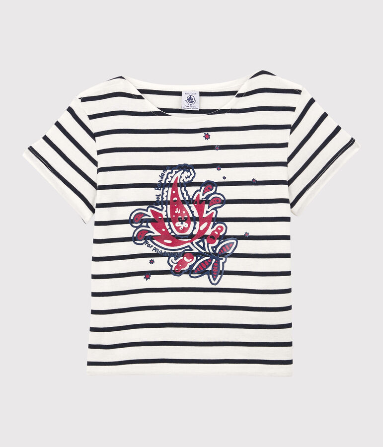 T-shirt manches courtes en coton bio enfant fille blanc/bleu