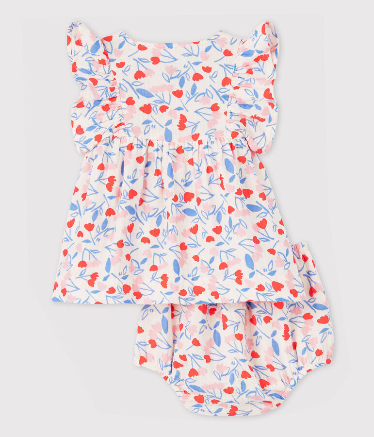 Robe sans manches fleurie avec bloomer b&eacute;b&eacute; fille en tissu couche en coton biologique rose FLEUR/blanc MULTICO