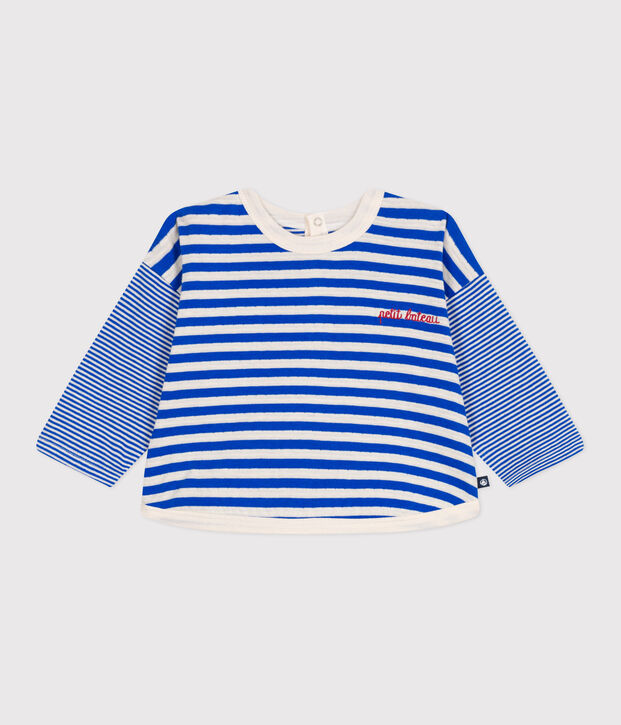 T-shirt b&eacute;b&eacute; en coton &agrave; manches longues ray&eacute; bleu/&eacute;cru