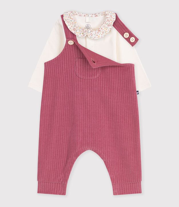 Ensemble salopette et body b&eacute;b&eacute; en coton avec col uni rose/&eacute;cru