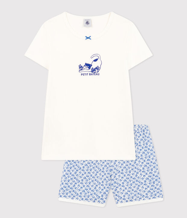 Pyjama short en coton enfant blanc/bleu