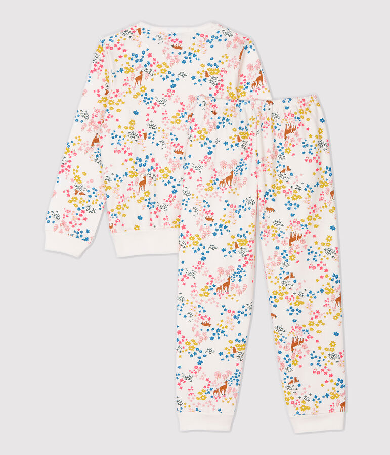 Pyjama imprim&eacute; fleuri petite fille en molleton blanc MARSHMALLOW/blanc MULTICO