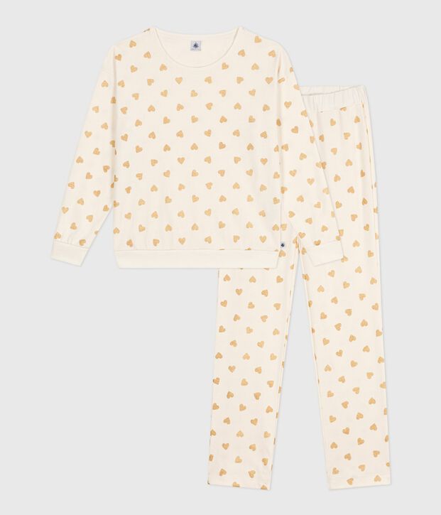 Pyjama femme en coton imprim&eacute; c&oelig;urs dor&eacute;s &eacute;cru/jaune