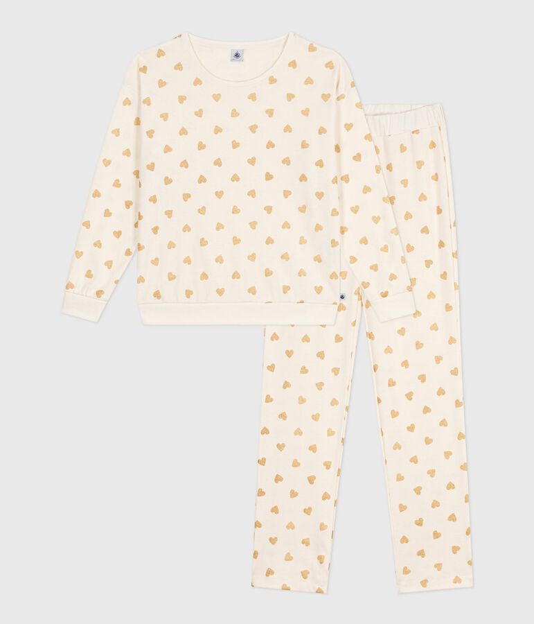 Pyjama femme en coton imprim&eacute; c&oelig;urs dor&eacute;s &eacute;cru/jaune