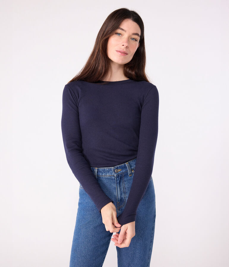 Tee-shirt femme l'iconique en laine et coton manches longues bleu SMOKING