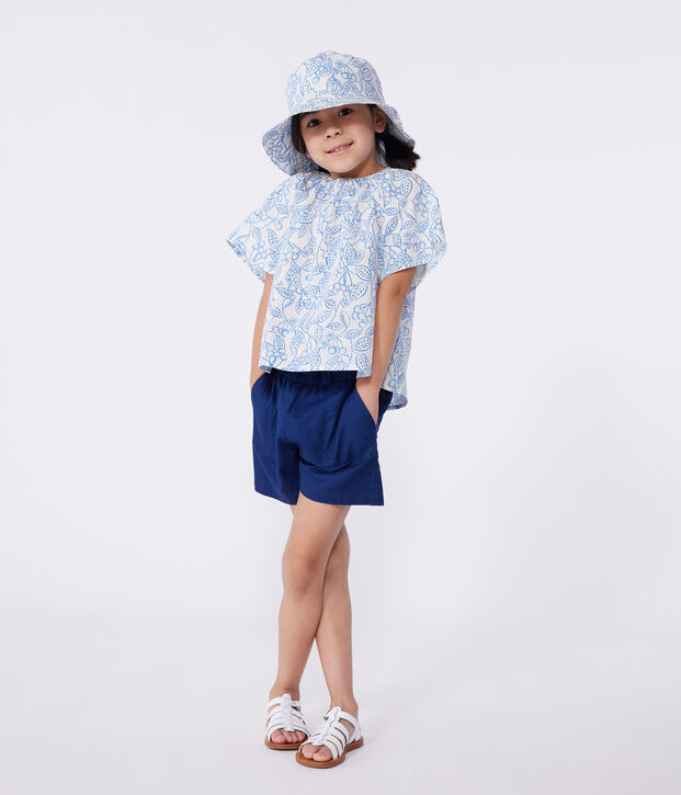 Blouse enfant en coton manches courtes imprim&eacute; cerises bleu/bleu