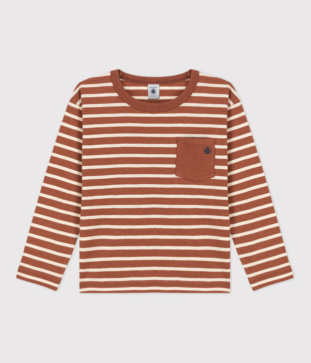 Tee-shirt manches longues en coton enfant gar&ccedil;on marron/&eacute;cru
