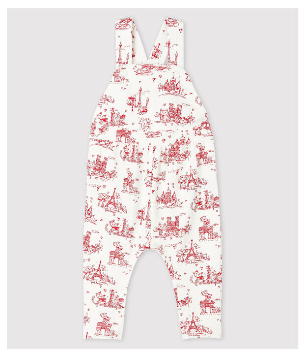 Salopette longue en molleton b&eacute;b&eacute; fille blanc/rouge
