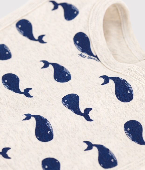 Bavoir unitaire baleines en coton beige/bleu