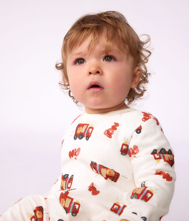Pyjama b&eacute;b&eacute; en tubique ouverture dos imprim&eacute; pompier blanc/multicouleur