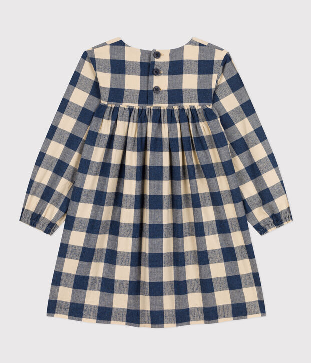 Robe manches longues en flanelle de coton &agrave; carreaux enfant fille bleu/&eacute;cru