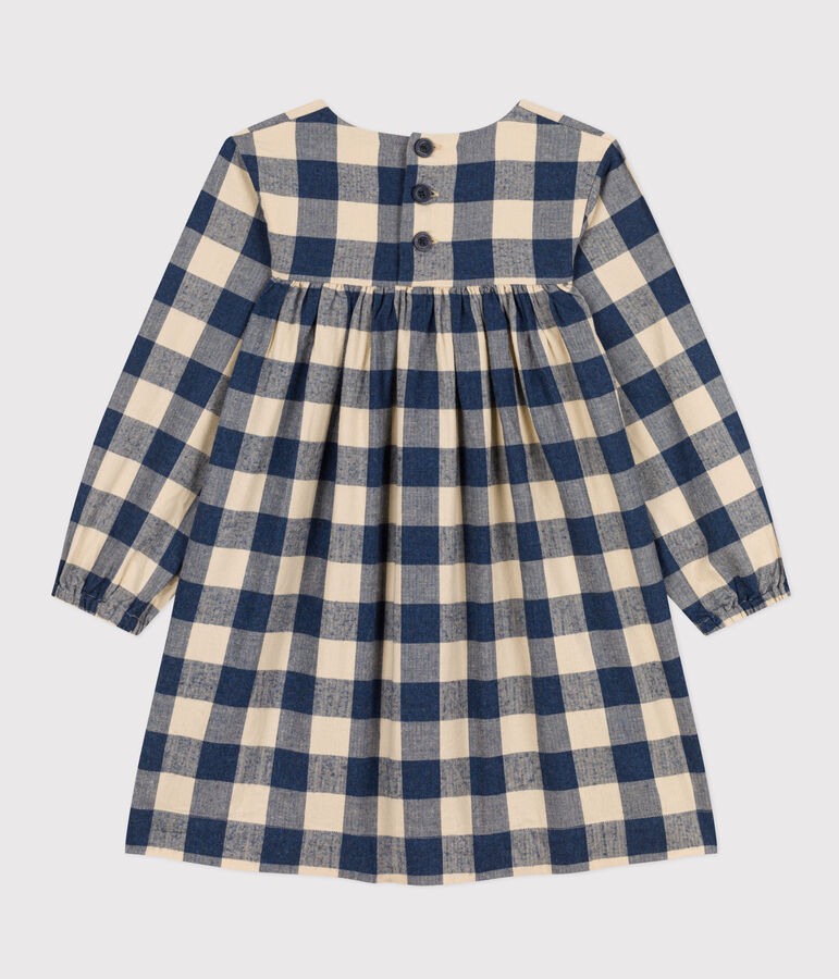 Robe manches longues en flanelle de coton &agrave; carreaux enfant fille bleu/&eacute;cru