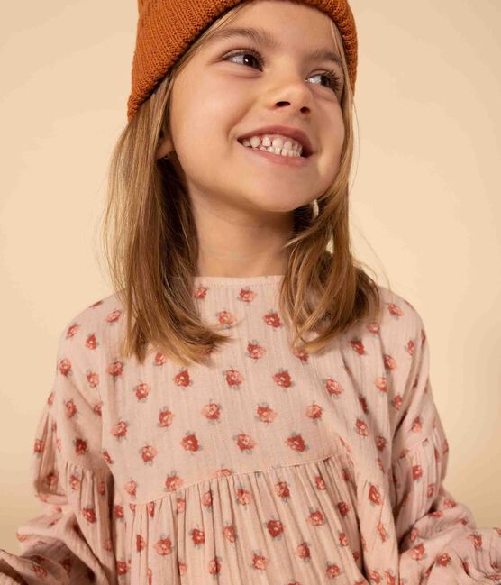 Robe manches longues en gaze de coton fleurie enfant fille rose SALINE/blanc MULTICO