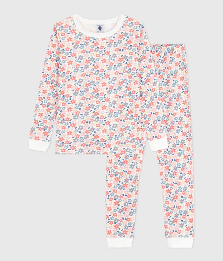 Pyjama enfant en coton  tr&egrave;s ajust&eacute; imprim&eacute; fleurs blanc/multicouleur