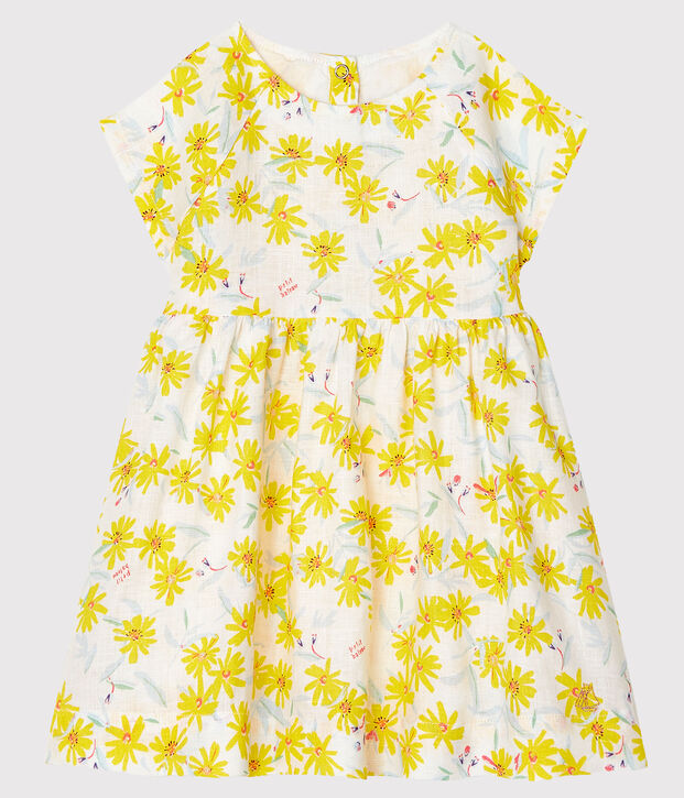 Robe manches courtes b&eacute;b&eacute; fille en lin blanc/multicouleur