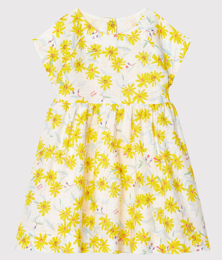 Robe manches courtes b&eacute;b&eacute; fille en lin blanc MARSHMALLOW/blanc MULTICO